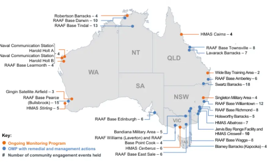 Map of Defence PFAS monitoring and remediation sites across Australia, including community engagement events held at each site