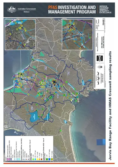 PFAS sampling results map for Jervis Bay Range Facility and HMAS Creswell from the Defence monitoring report